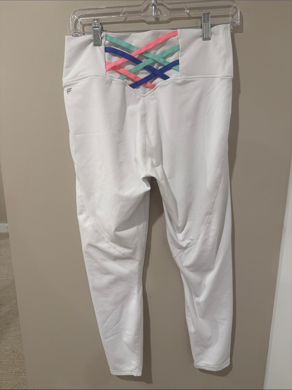 White Athletic Leggings with Pastel Crisscross Waist Detail